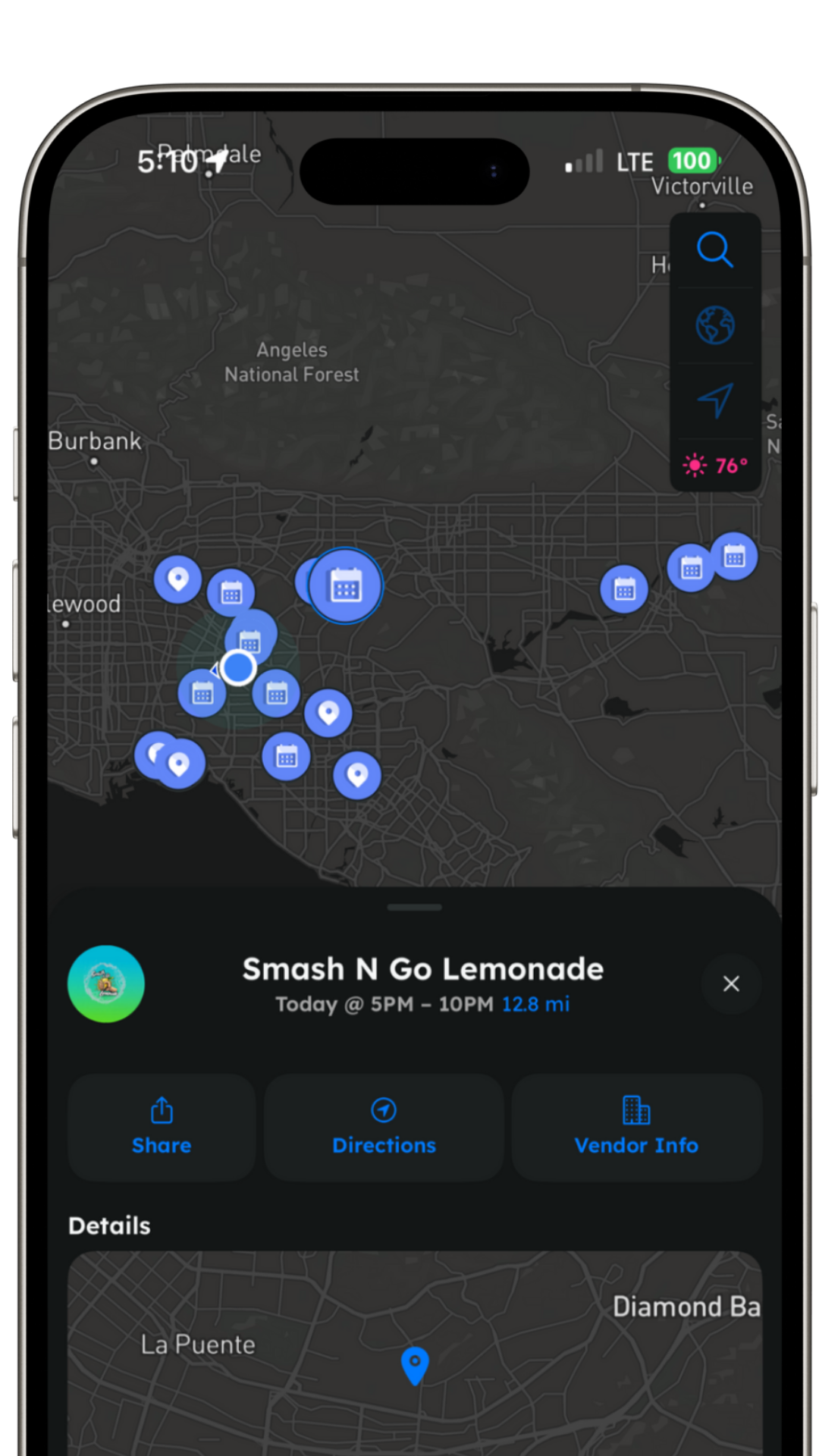 Vamo App map showing street food vendors